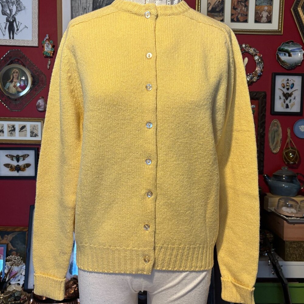 Vintage Yellow Cardigan Sweater 1960 to 70s Made in Scotland 100% Shetland Wool